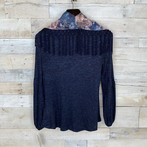 Style & Co Femme Fusion Navy Blue Fringed Top Medium - Picture 4 of 6